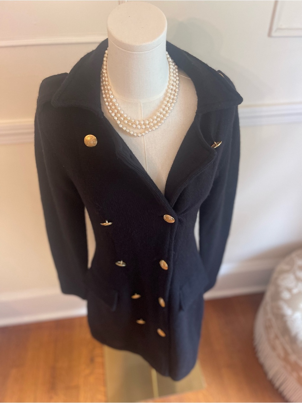Chaps Black Double-Breasted Pea sweater Coat with Gold Buttons - Picture 4 of 5